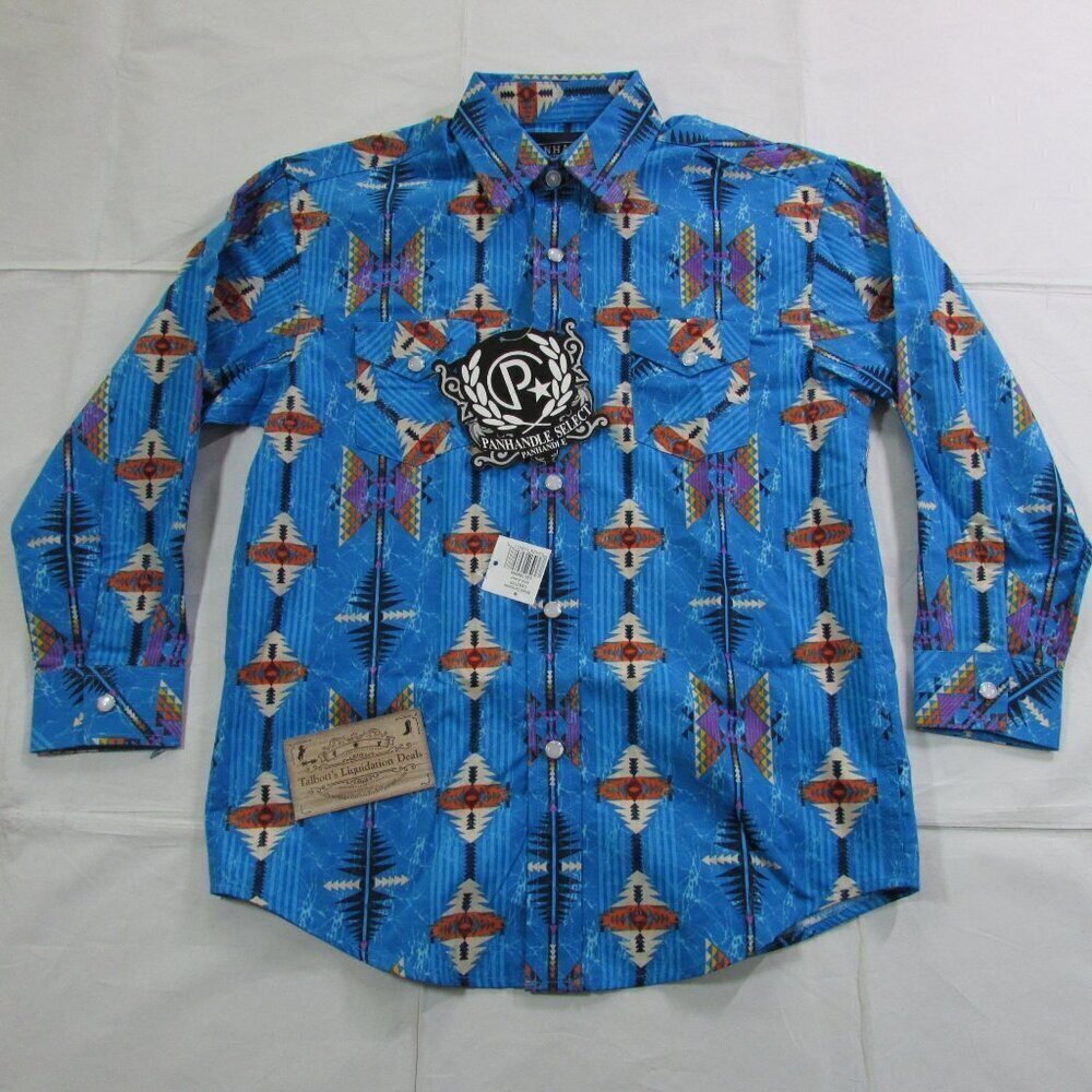 Panhandle Boy's MED Long Sleeve Aztec Snap Western Shirt Bright Turquoise/Multi